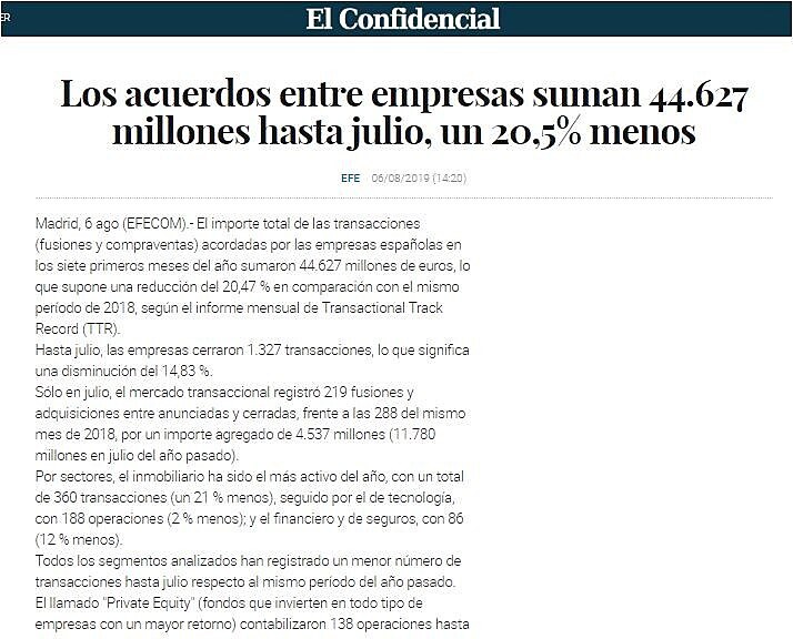 Los acuerdos entre empresas suman 44.627 millones hasta julio, un 20,5% menos